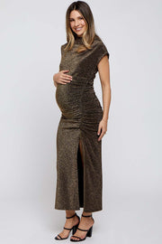 Gold Glitter Mock Neck Maternity Midi Dress