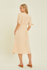 Cream Textured Linen V-Neck Button-Down Midi Dress