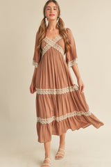 Tan Criss Cross Lace Maxi