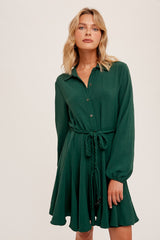 Green Woven Flounced Hem Belted Shirt Dress