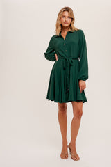 Green Woven Flounced Hem Belted Shirt Dress