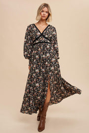 Black Floral V Neck Maxi Floral Dress