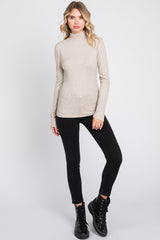 Beige Ribbed Long Sleeve Turtle Neck Top