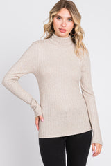 Beige Ribbed Long Sleeve Turtle Neck Top