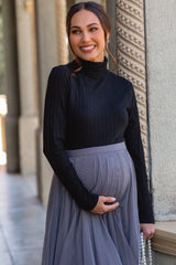 Black Ribbed Long Sleeve Maternity Turtle Neck Top