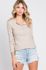 Beige Ribbed Knit Button Long Sleeve Top