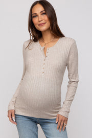 Beige Ribbed Knit Button Long Sleeve Maternity Top