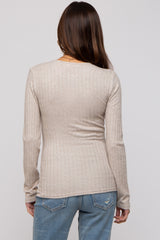 Beige Ribbed Knit Button Long Sleeve Maternity Top