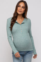 Green Ribbed Knit Button Long Sleeve Maternity Top