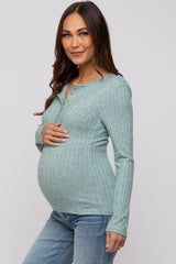 Green Ribbed Knit Button Long Sleeve Maternity Top