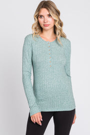 Green Ribbed Knit Button Long Sleeve Top