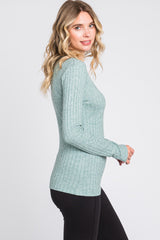 Green Ribbed Knit Button Long Sleeve Top