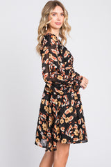 Black Floral Chiffon Sweetheart Neck Long Puff Sleeve Dress