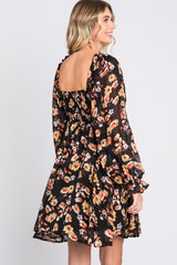 Black Floral Chiffon Sweetheart Neck Long Puff Sleeve Dress