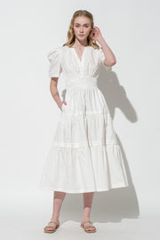 White V-Neck Tiered Puff Sleeve Maxi Dress