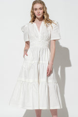 White V-Neck Tiered Puff Sleeve Maxi Dress