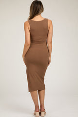 Camel Ribbed Knit Sleeveless Side Slit Maternity Dress