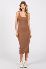 Camel Ribbed Knit Sleeveless Side Slit Maternity Dress