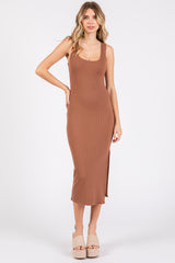 Mocha Ribbed Knit Sleeveless Side Slit Dress