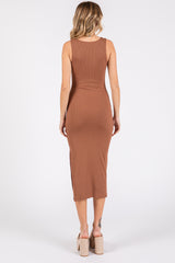 Mocha Ribbed Knit Sleeveless Side Slit Dress