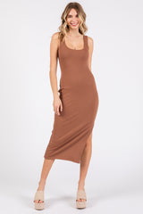 Mocha Ribbed Knit Sleeveless Side Slit Dress