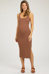 Mocha Ribbed Knit Sleeveless Side Slit Maternity Dress