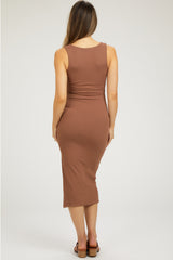 Mocha Ribbed Knit Sleeveless Side Slit Maternity Dress