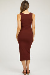 Dark Rust Ribbed Knit Sleeveless Side Slit Maternity Dress