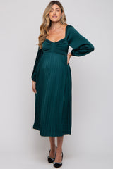 Forest Green Sweetheart Pleated Long Sleeve Maternity Midi Dress