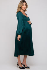 Forest Green Sweetheart Pleated Long Sleeve Maternity Midi Dress