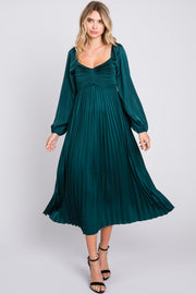 Forest Green Sweetheart Pleated Long Sleeve Midi Dress