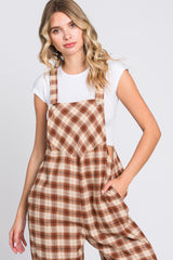 Camel Plaid Button Front Wide Leg Overalls