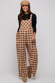 Camel Plaid Button Front Wide Leg Maternity Overalls