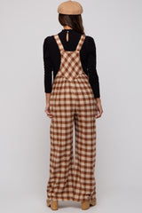 Camel Plaid Button Front Wide Leg Maternity Overalls