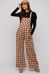 Camel Plaid Button Front Wide Leg Maternity Overalls