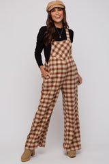 Camel Plaid Button Front Wide Leg Maternity Overalls