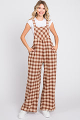 Camel Plaid Button Front Wide Leg Maternity Overalls