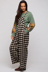 Black Plaid Button Front Wide Leg Maternity Overalls