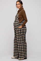 Black Plaid Button Front Wide Leg Maternity Overalls