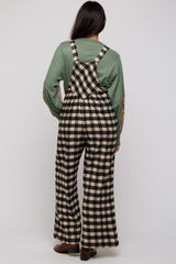 Black Plaid Button Front Wide Leg Overalls