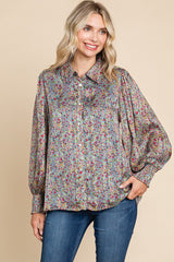 Red Mix Floral Satin Long Peasant Sleeves Top