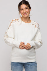 White Crochet Lace Shoulder Maternity Sweater