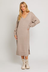 Taupe V-Neck Side Slit Maternity Midi Sweater Dress