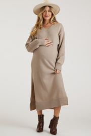 Taupe V-Neck Side Slit Maternity Midi Sweater Dress