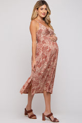 Rust Floral Front Cutout Side Slit Maternity Midi Dress