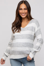 Grey Striped V-Neck Maternity Sweater