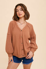 Camel Waffle Knit Button Long Sleeve Maternity Top