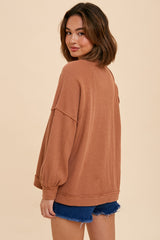 Camel Waffle Knit Button Long Sleeve Top