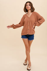 Camel Waffle Knit Button Long Sleeve Top