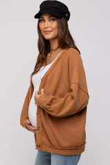 Camel Waffle Knit Button Long Sleeve Maternity Top